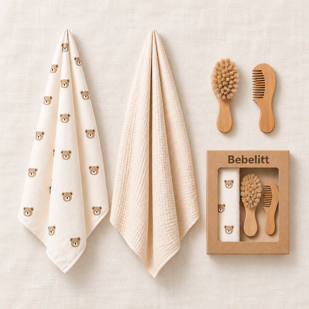 Geschenkbox Musselin Set Bär Beige – Flatlay