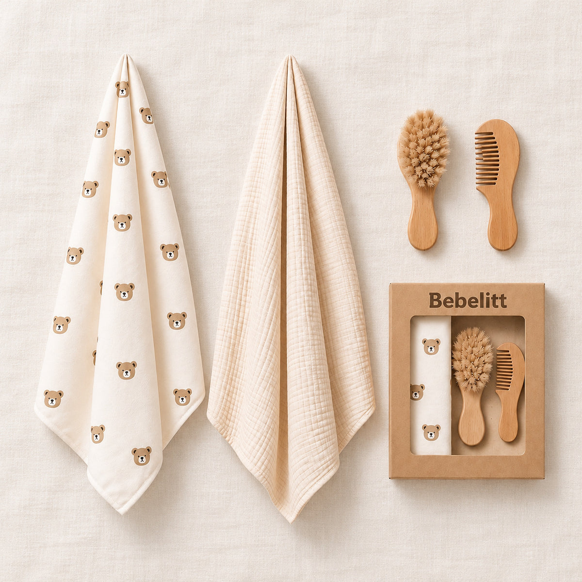 Geschenkbox Musselin Set Bär Beige – Flatlay