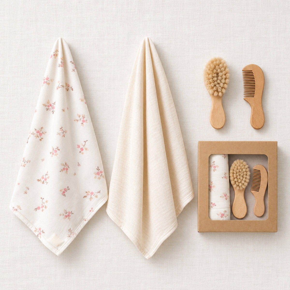 Geschenkbox Musselin Set Blume Beige – Flatlay
