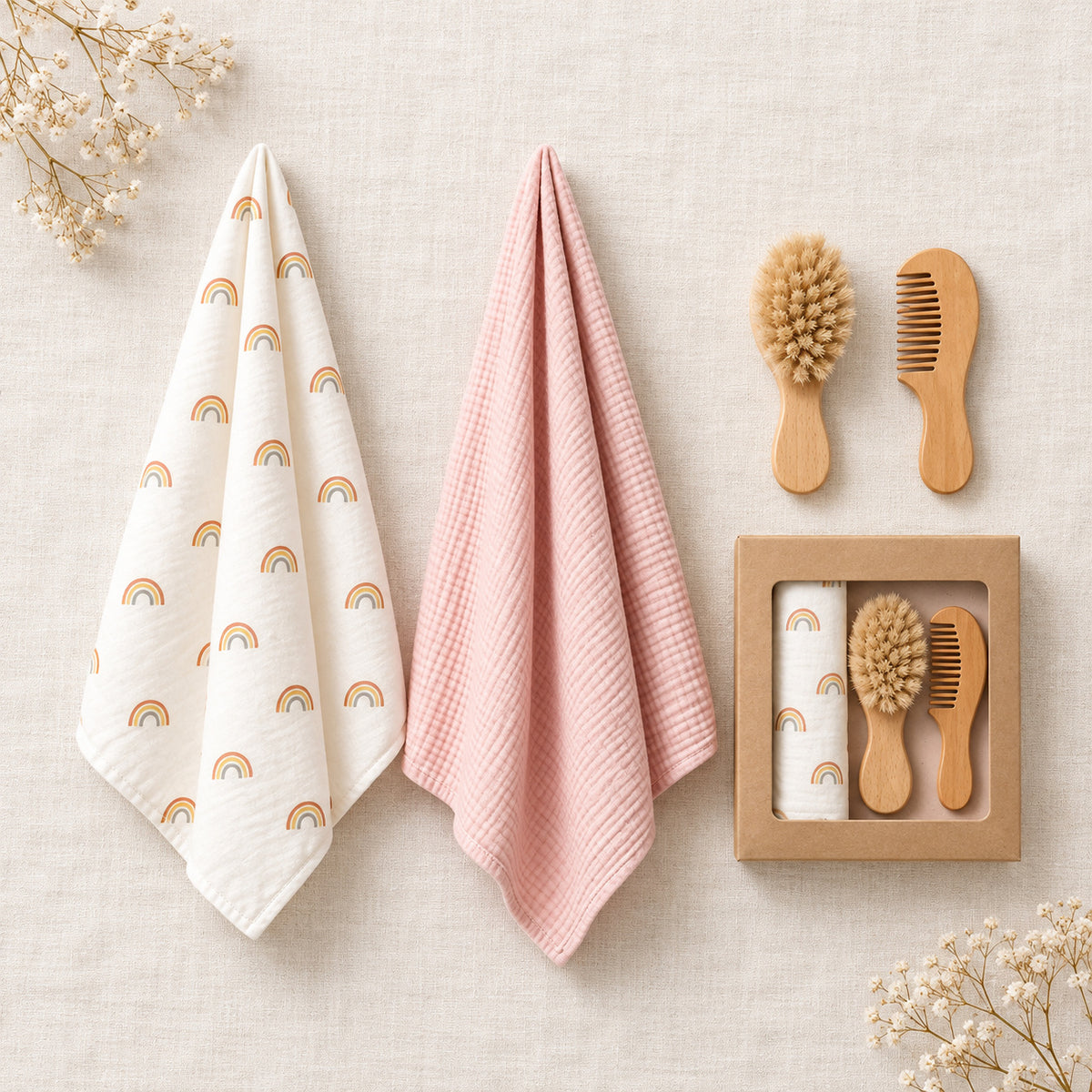 Geschenkbox Musselin Set Regenbogen Rosa – Flatlay